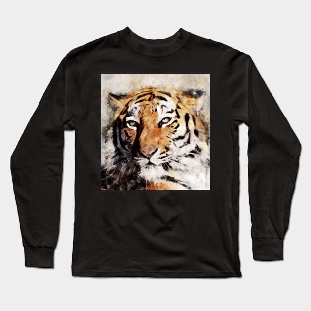 Dramabite Watercolor Tiger Portrait Long Sleeve T-Shirt by dramabite